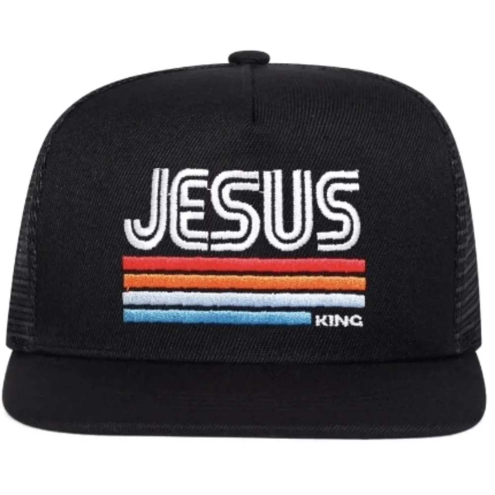 Jesus King Black Trucker Hat with Retro Stripes